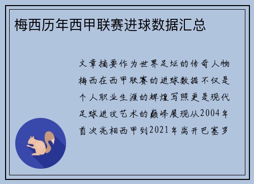 梅西历年西甲联赛进球数据汇总